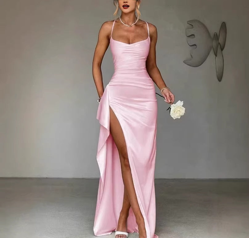 Elegant And Stylish Solid-Colored Shoulder-Strap Long Split Off-Shoulder Womens Dress