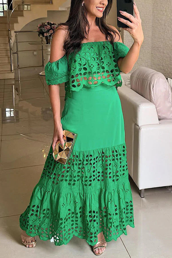 Womens Fashionable Elegant Lace Hollow-Out Off-Shoulder Dress
