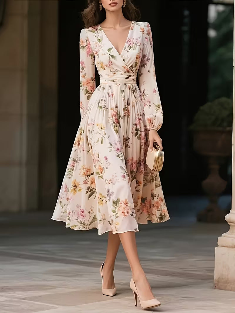 Elegant V-Neck Long-Sleeve Womens Dress With Print
