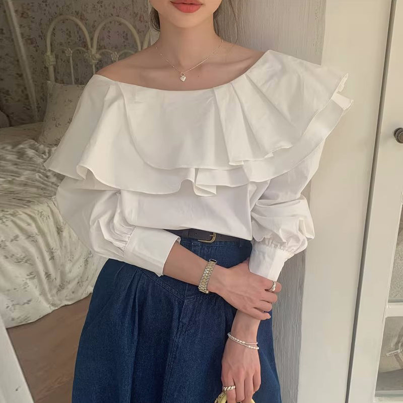 Elegant Irregular Slash Collar Stitching Double Layer Blouse