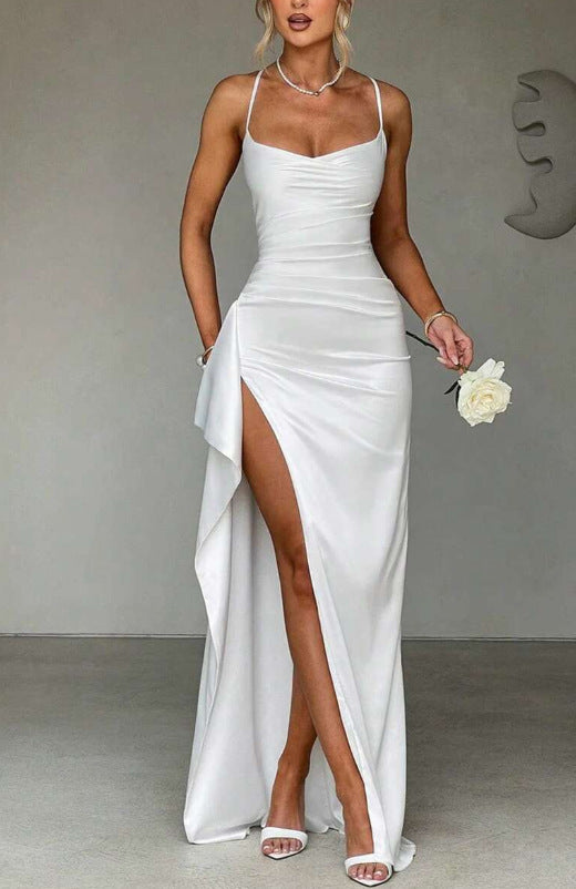 Elegant And Stylish Solid-Colored Shoulder-Strap Long Split Off-Shoulder Womens Dress
