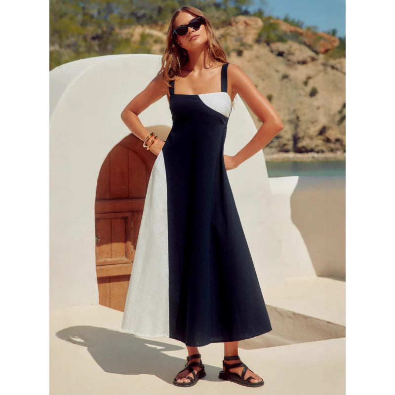 Elegant And Fashionable Resort-style Slip Dress With Color-blocking