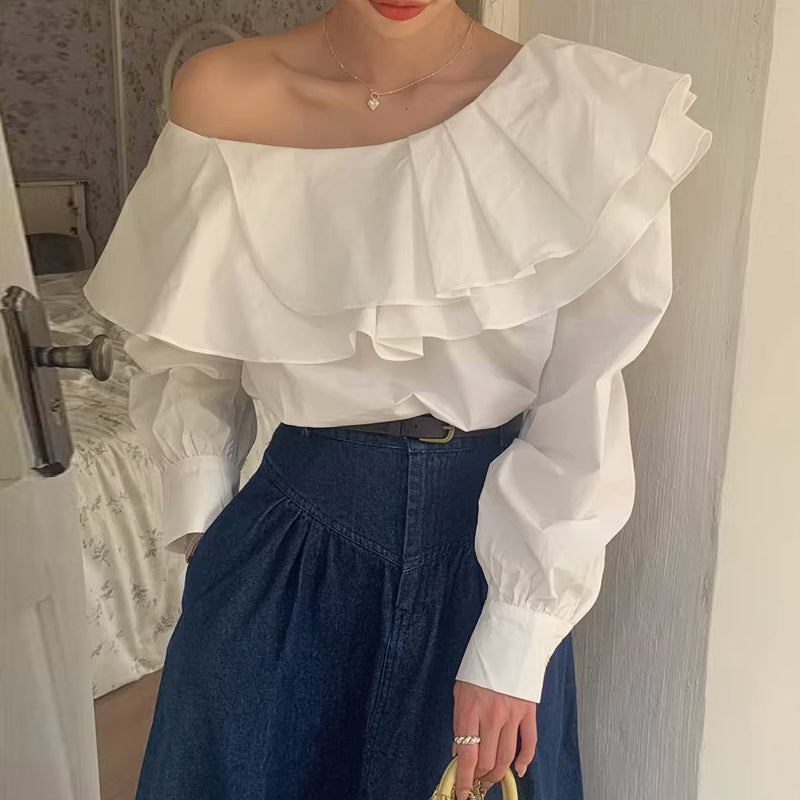 Elegant Irregular Slash Collar Stitching Double Layer Blouse