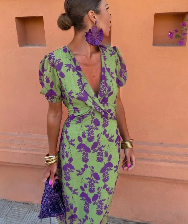2026 Summer Women's Printed Maxi Dress, V-Neck, Short Sleeve, Elegant Slim Fit
