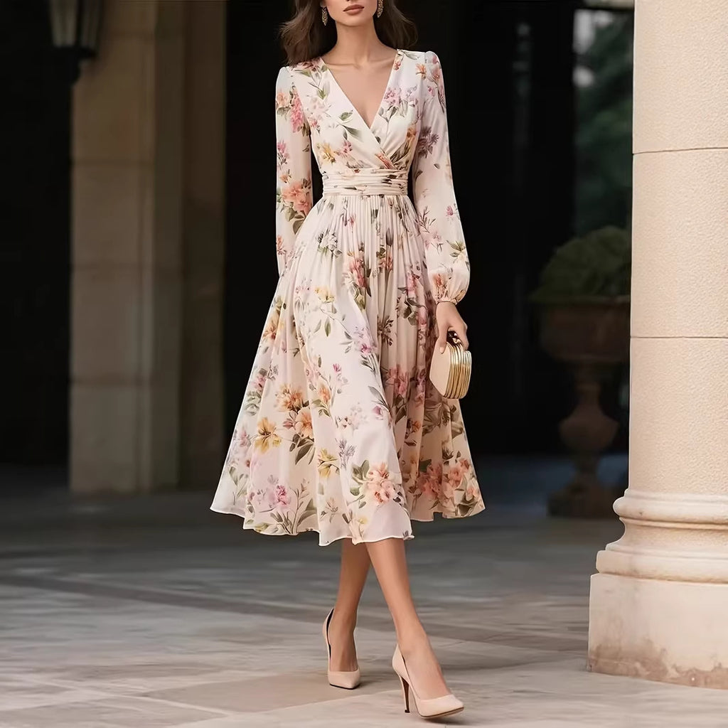 Elegant V-Neck Long-Sleeve Womens Dress With Print