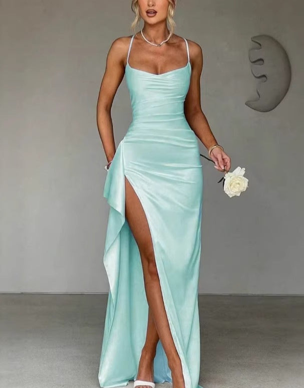Elegant And Stylish Solid-Colored Shoulder-Strap Long Split Off-Shoulder Womens Dress