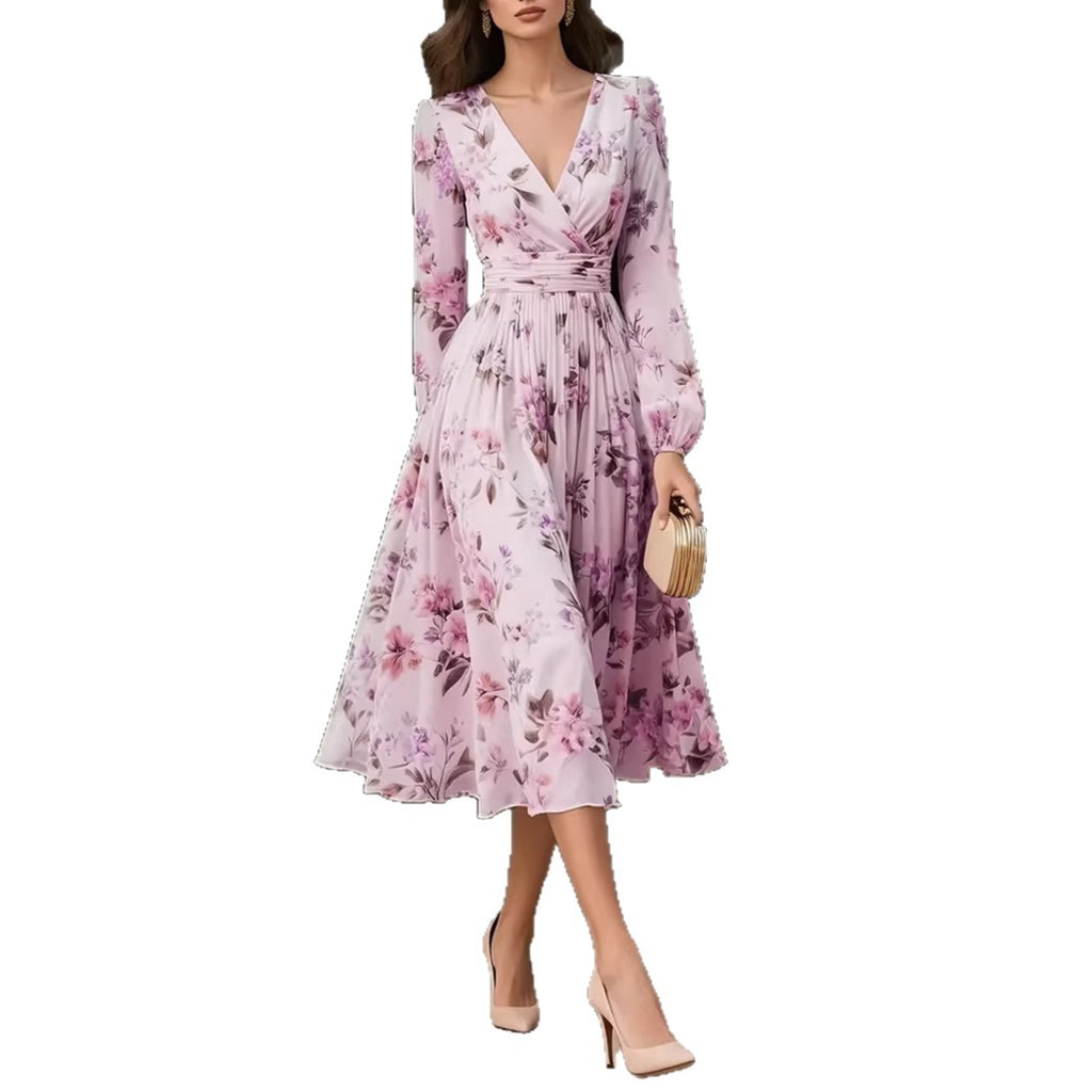 Elegant V-Neck Long-Sleeve Womens Dress With Print