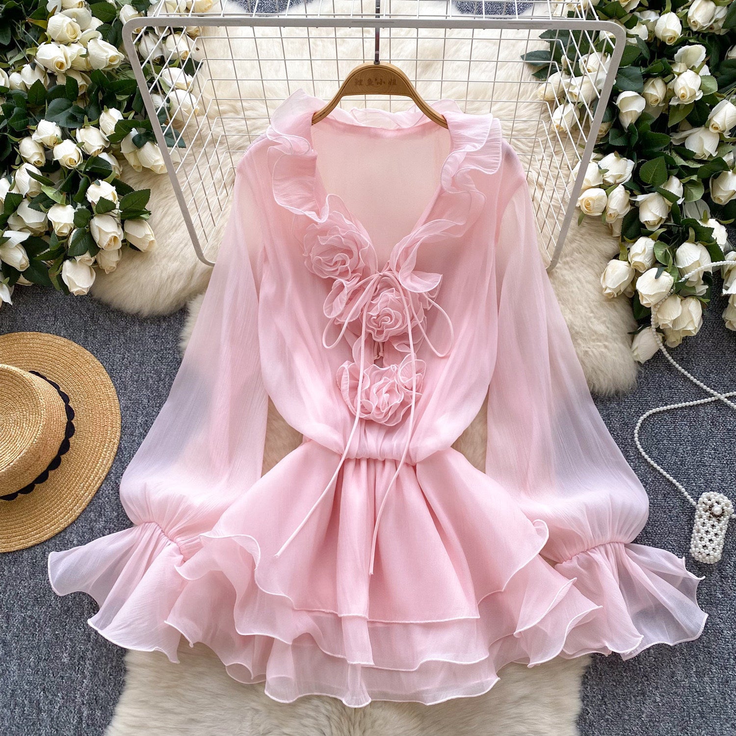 Womens Solid-Colored V-Neck 3D Floral Lace-Up Ruffled Chiffon Dress