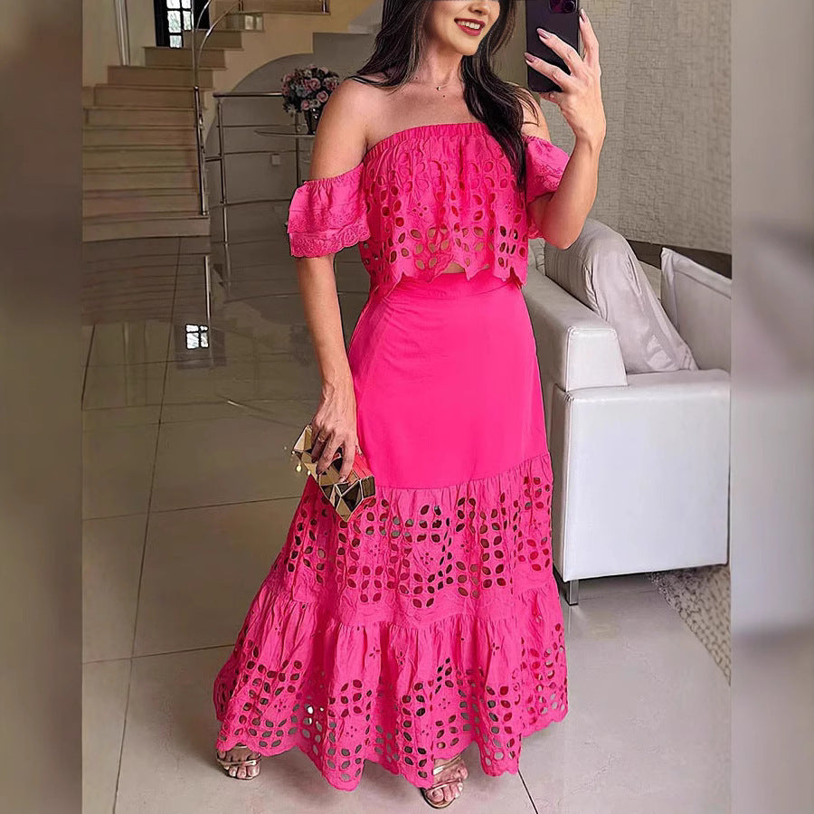 Womens Fashionable Elegant Lace Hollow-Out Off-Shoulder Dress