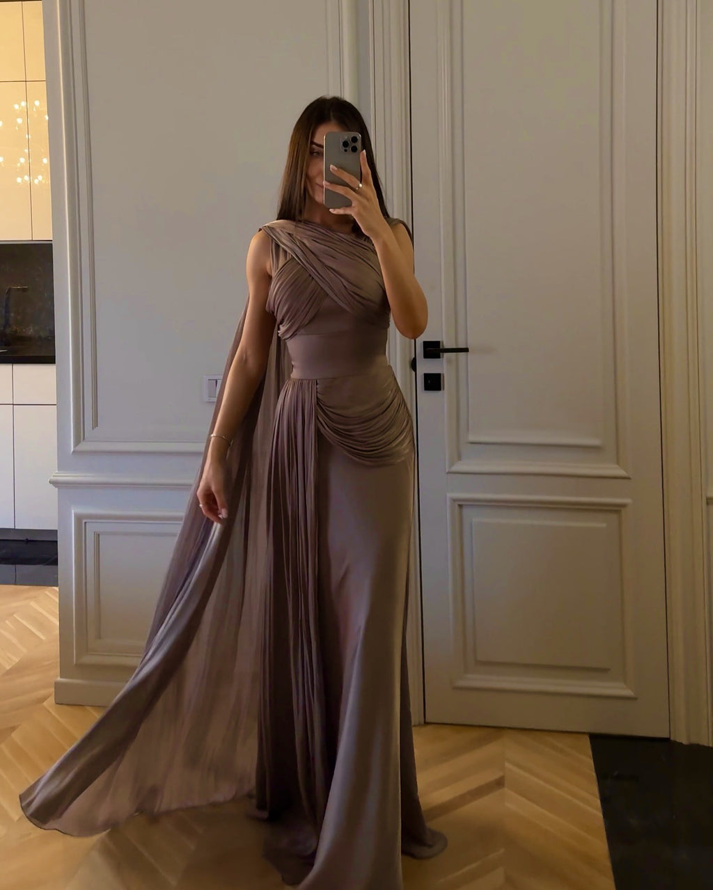 Pleated Ribbon Satin Evening Dress