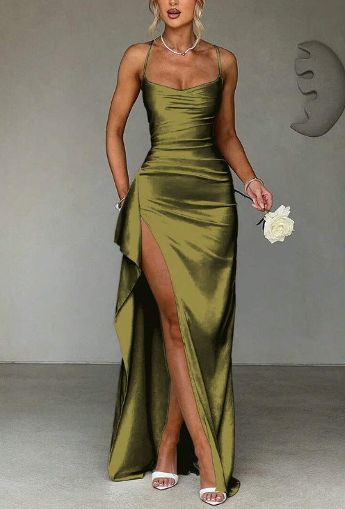 Elegant And Stylish Solid-Colored Shoulder-Strap Long Split Off-Shoulder Womens Dress