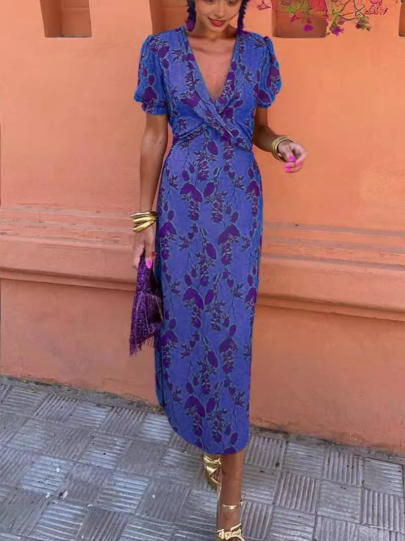 2026 Summer Women's Printed Maxi Dress, V-Neck, Short Sleeve, Elegant Slim Fit