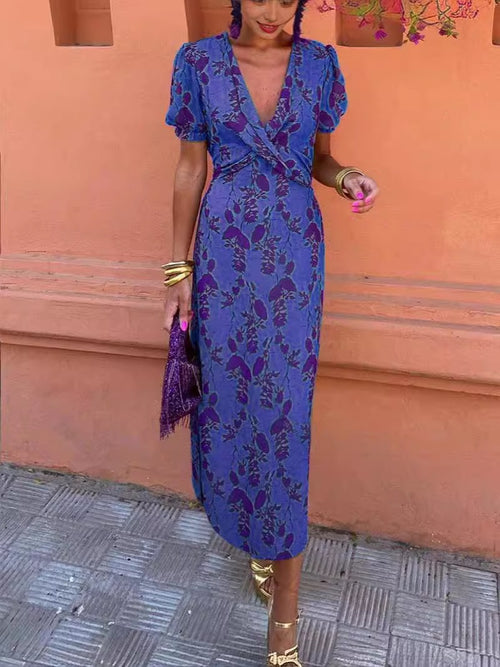 2026 Summer Women's Printed Maxi Dress, V-Neck, Short Sleeve, Elegant Slim Fit