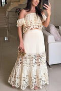 Womens Fashionable Elegant Lace Hollow-Out Off-Shoulder Dress