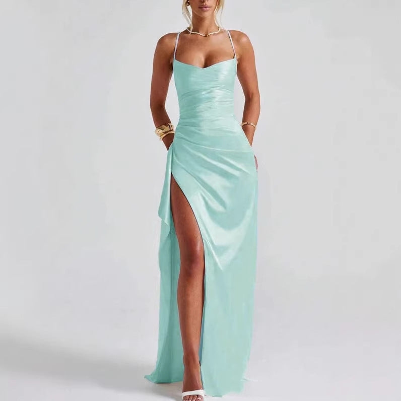 Elegant And Stylish Solid-Colored Shoulder-Strap Long Split Off-Shoulder Womens Dress