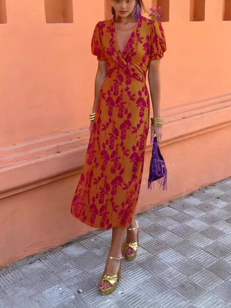 2026 Summer Women's Printed Maxi Dress, V-Neck, Short Sleeve, Elegant Slim Fit