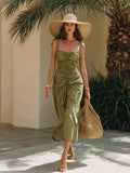 Elegant Cotton-Linen Resort-Style Dress With Wide Straps And Ruffled Hem