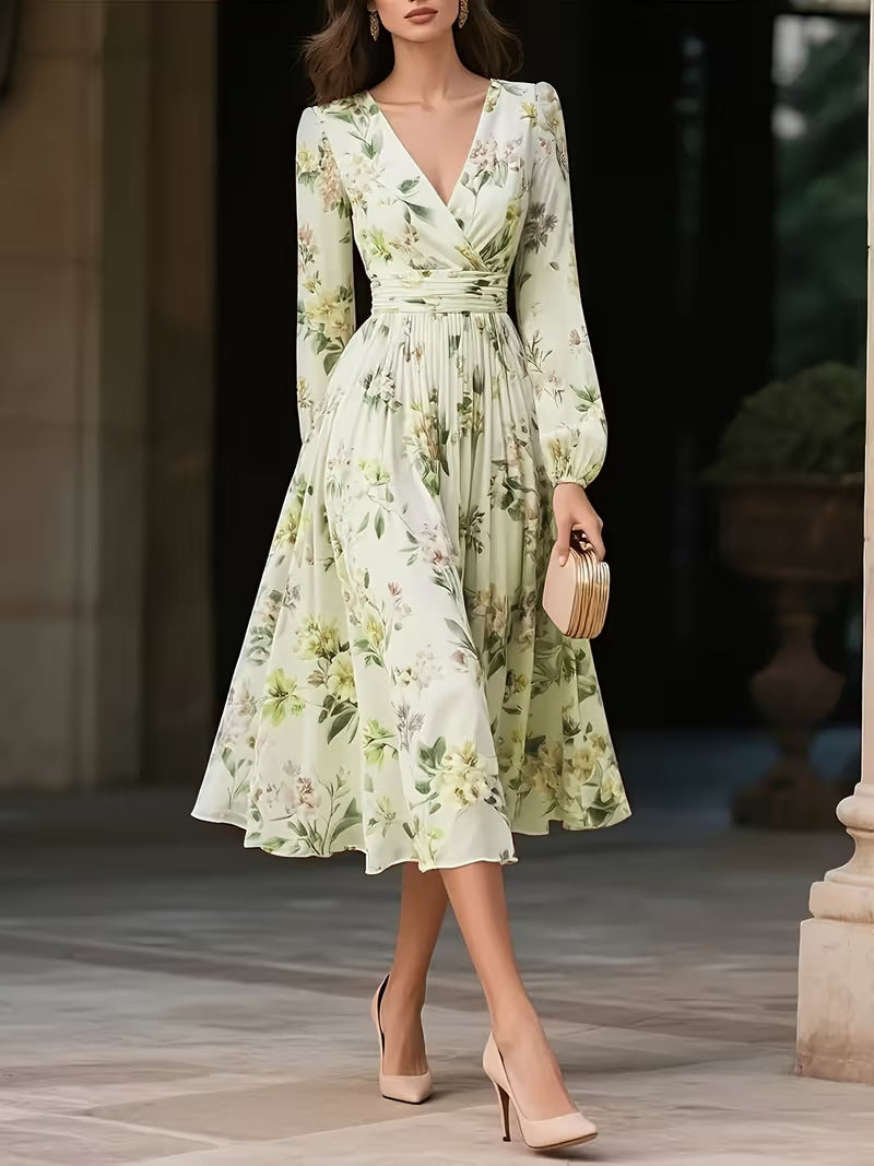 Elegant V-Neck Long-Sleeve Womens Dress With Print