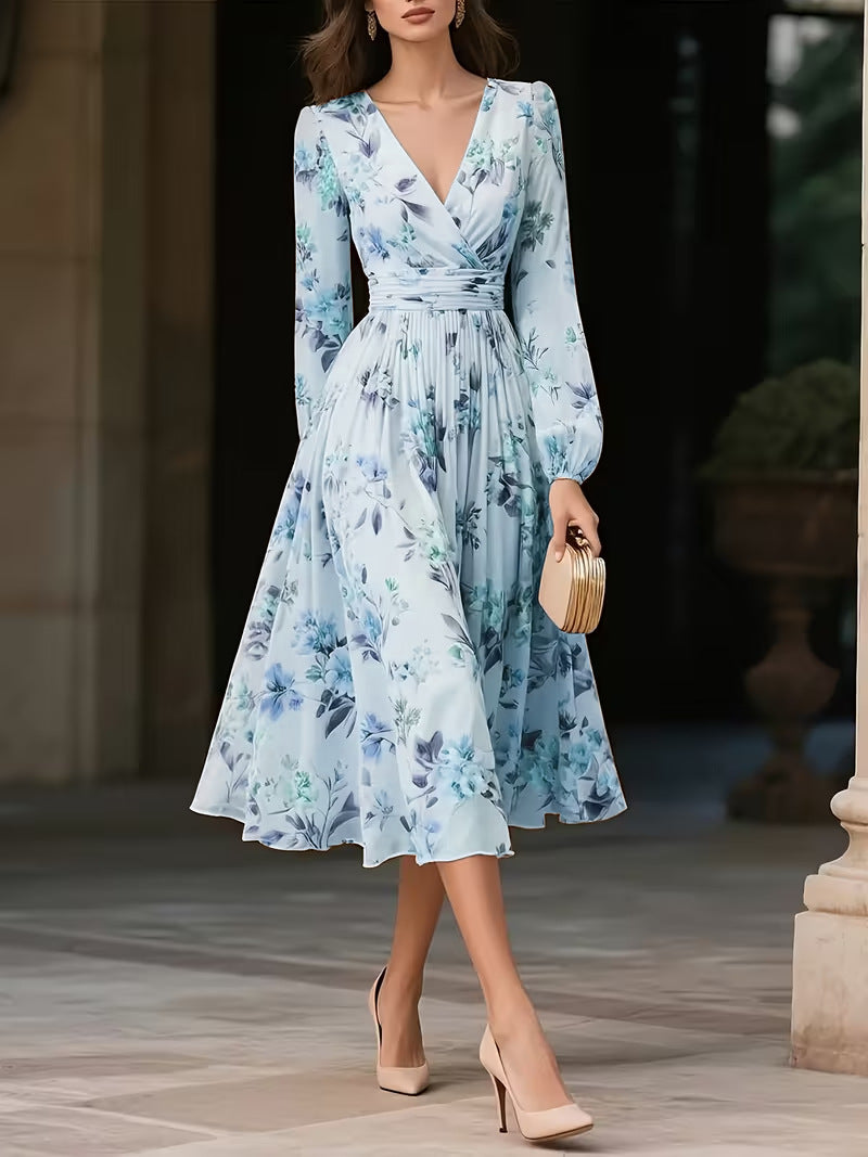 Elegant V-Neck Long-Sleeve Womens Dress With Print