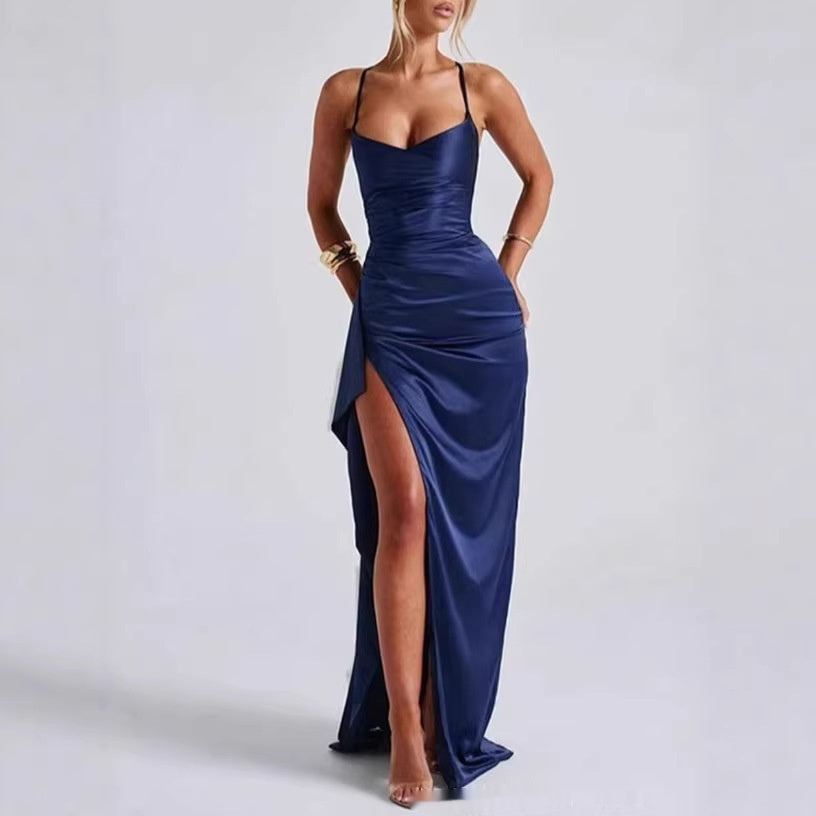 Elegant And Stylish Solid-Colored Shoulder-Strap Long Split Off-Shoulder Womens Dress