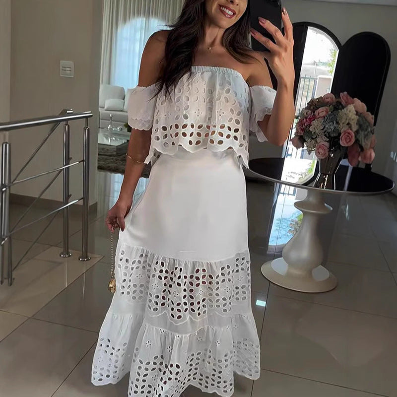 Womens Fashionable Elegant Lace Hollow-Out Off-Shoulder Dress