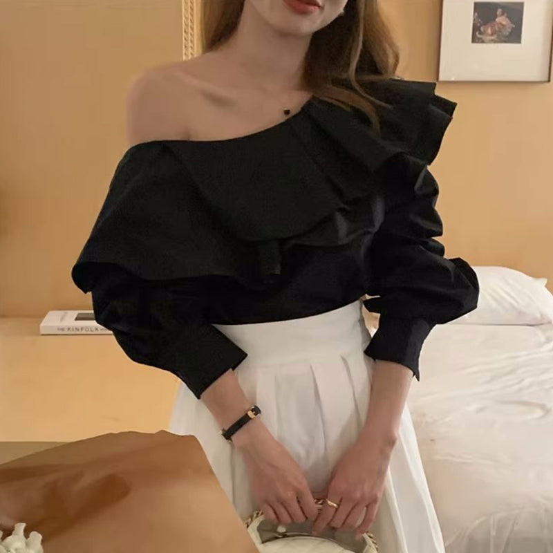 Elegant Irregular Slash Collar Stitching Double Layer Blouse