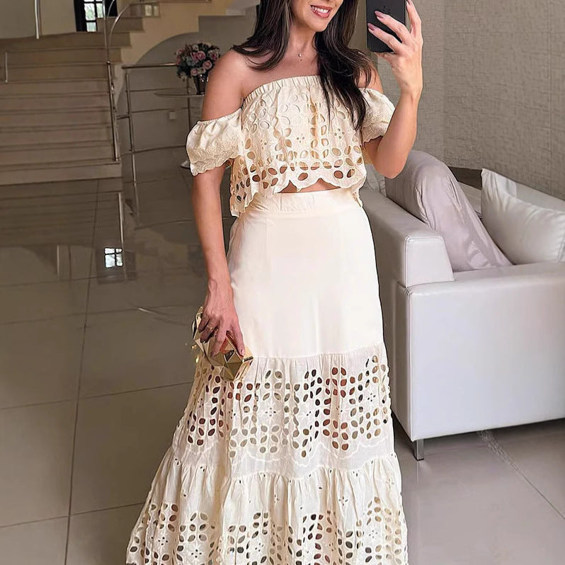 Womens Fashionable Elegant Lace Hollow-Out Off-Shoulder Dress