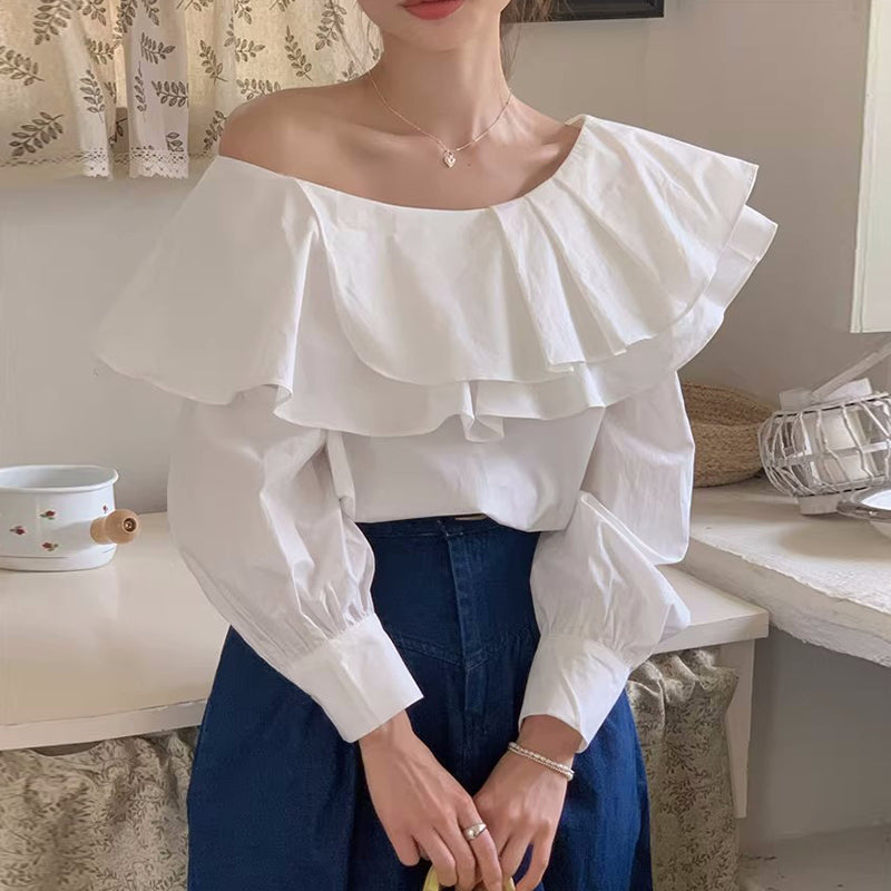 Elegant Irregular Slash Collar Stitching Double Layer Blouse