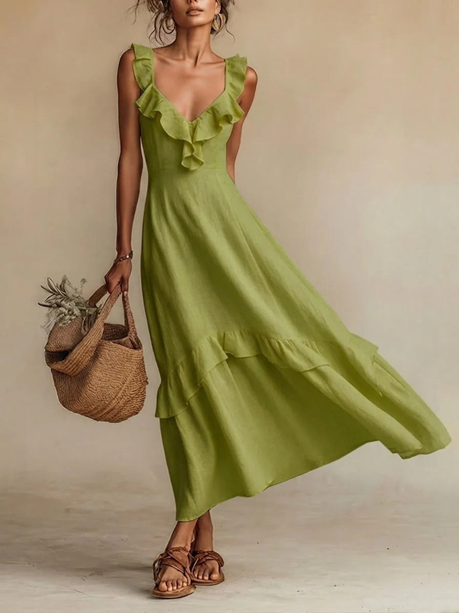 Elegant And Chic Cotton-Linen Dress With Ruffled Flutter Sleeves And A Flowing Hem